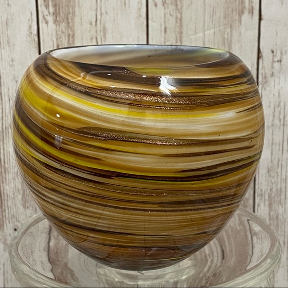 Murano Style Handblown Art Glass Swirl Gold/Brown Globe Candle Holder 3.5” Vase - Picture 5 of 14